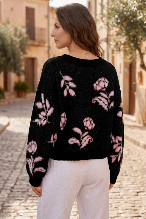 Floral Knit Puff Sleeve Dropped Shoulder Pullover Sweater