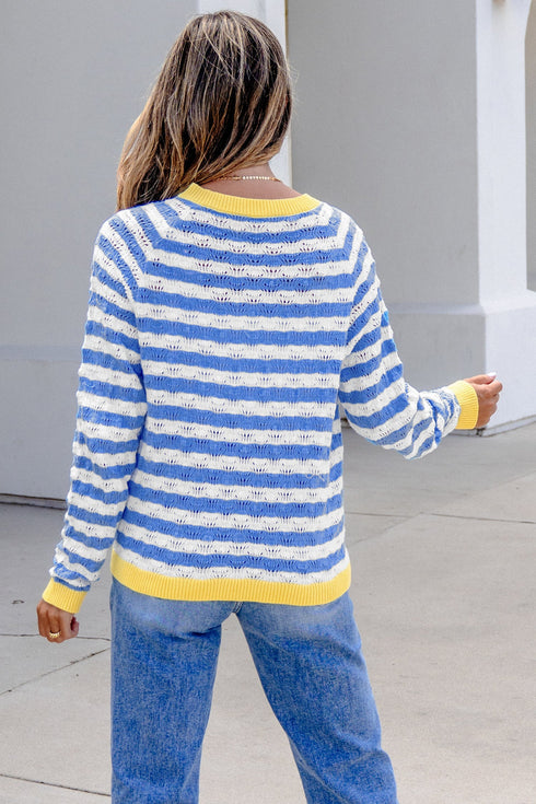 Striped Button Front Long Sleeve Loose Fit Knit Cardigan
