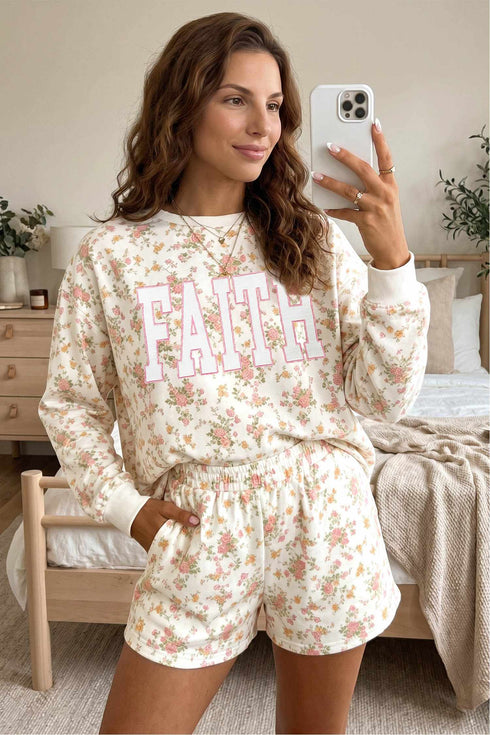 Floral Print Faith Letter Graphic Long Sleeve Top Shorts Two Piece Set
