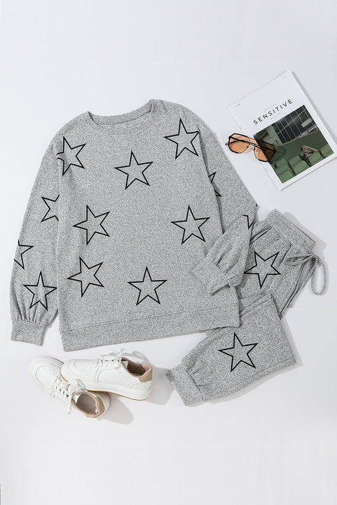 Star Print Long Sleeve Drawstring High Waist Pant Set