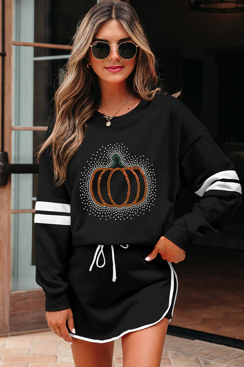 Rhinestone Pumpkin Graphic Varsity Striped Long Sleeve Top Drawstring Mini Skort Two Piece Set