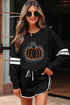 Rhinestone Pumpkin Graphic Varsity Striped Long Sleeve Top Drawstring Mini Skort Two Piece Set