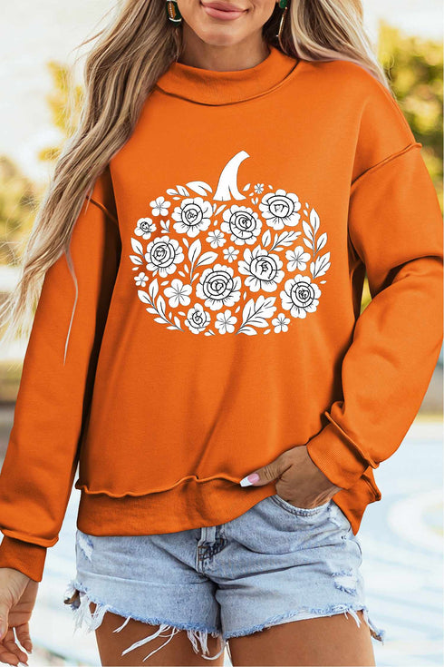Floral Pumpkin Double Sided Printed Mock Neck Reversible Sweatshirt