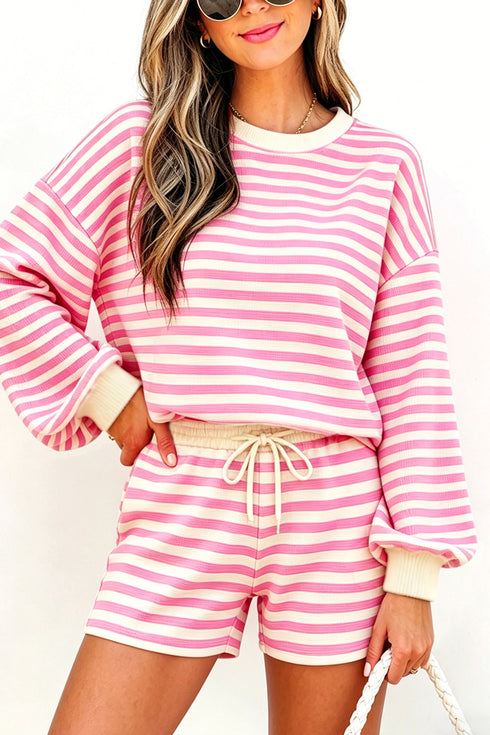 Striped Long Sleeve Crew Neck Drawstring Waist Short Set