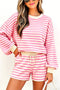 Striped Long Sleeve Crew Neck Drawstring Waist Short Set