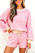 Striped Long Sleeve Crew Neck Drawstring Waist Short Set