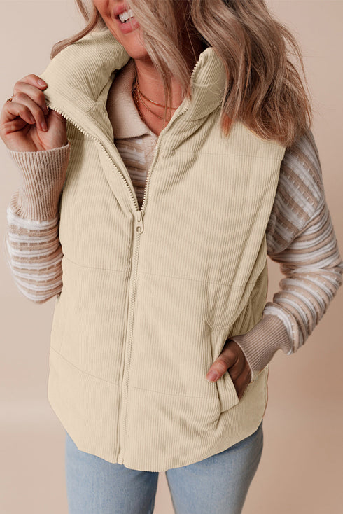 Textured Corduroy Stand Neck Zipped Puffer Vest