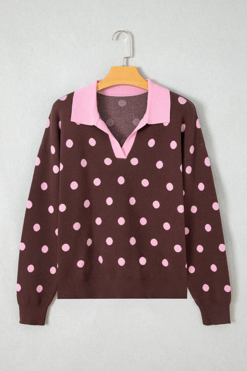 Polka Dot Pattern Collared Loose Pullover Sweater