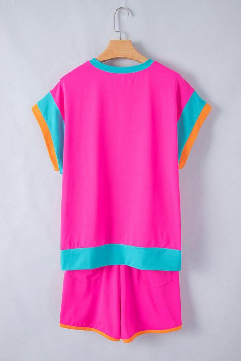 Casual Blocked Pattern Patchwork Cap Sleeve Short Set