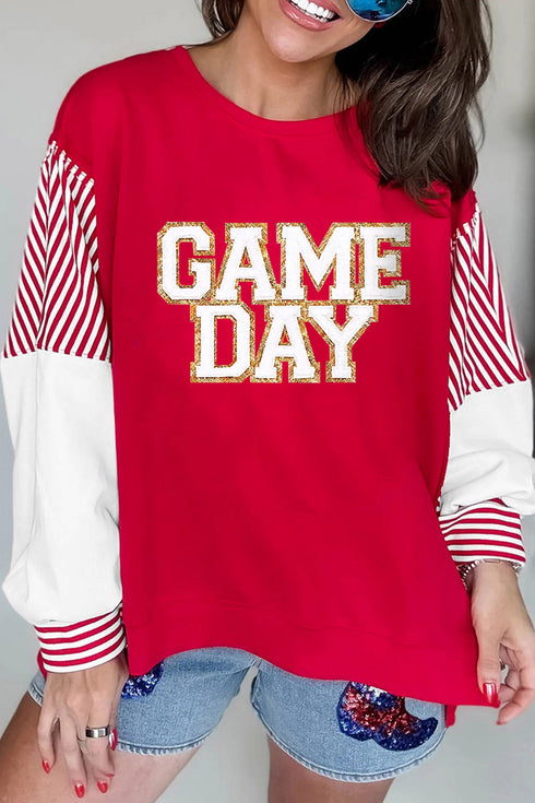 Polyester Cotton Striped Sleeve Graphic Pullover Sweatshirt