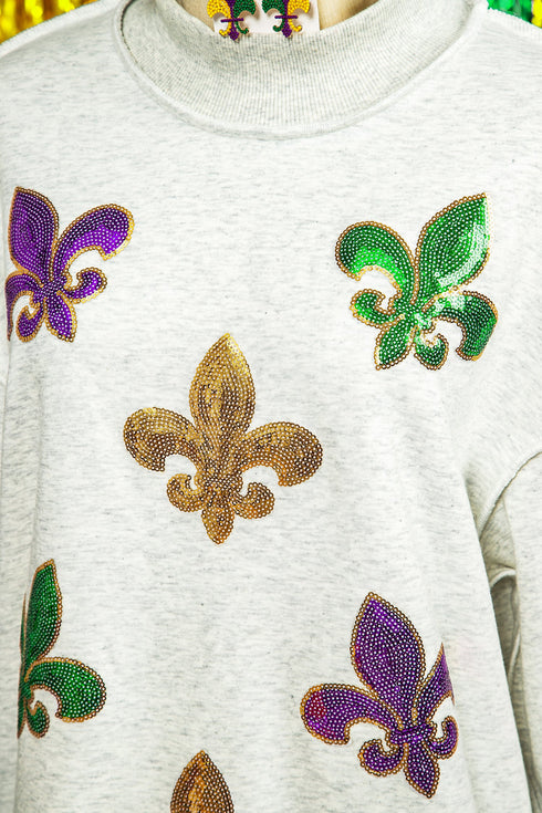 Sequin Fleur De Lis Raw Edge Pullover Sweatshirt