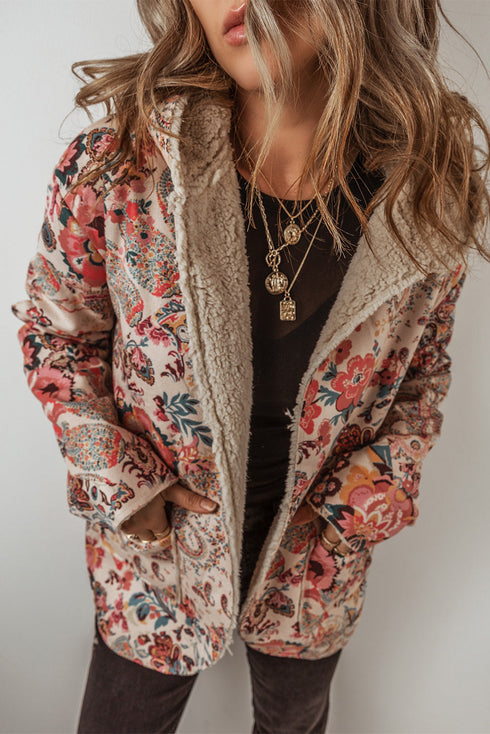 Bohemian Floral Print Sherpa Lined Fleece Hooded Jacket