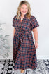 Plaid V Neck Belted Waist Short Sleeve Maxi Dress