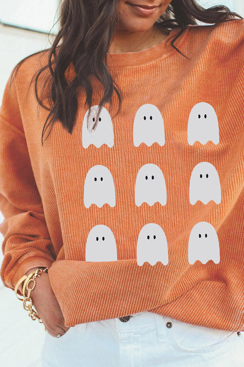 Ghost Print Corded Round Neck Pullover Sweatshirt
