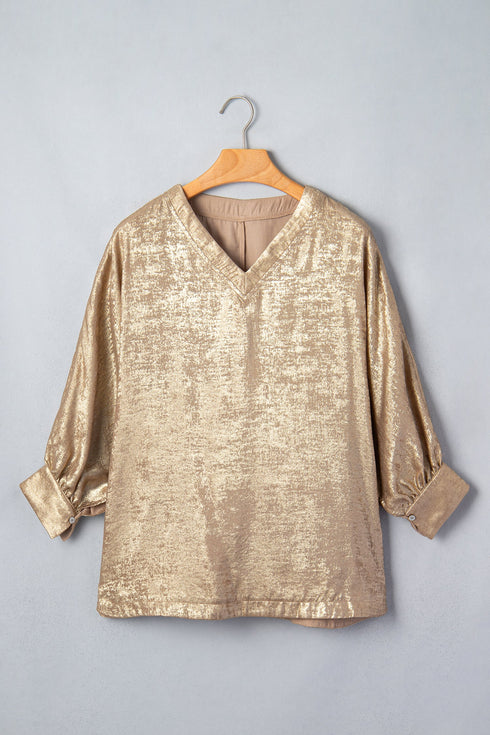 Metallic V Neck Button Cuff Long Sleeve Dolman Blouse