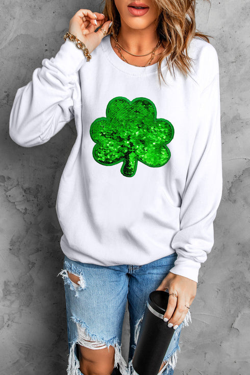 Shimmering Sequin Clover Graphic Crewneck Pullover Sweatshirt