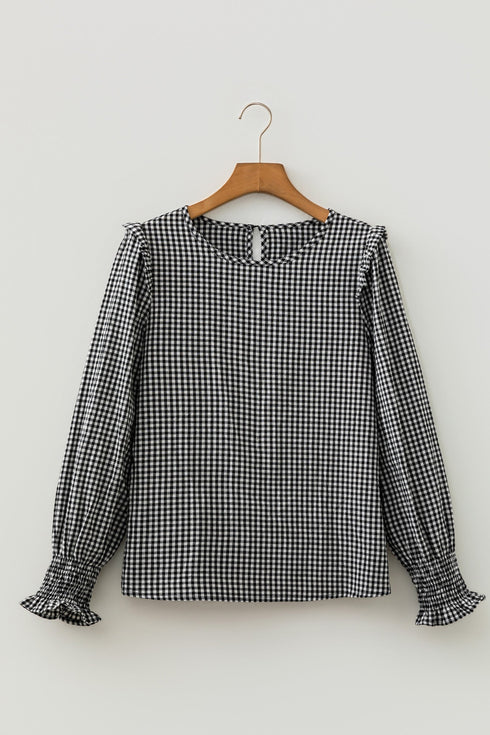 Plaid Shirred Cuff Round Neck Cotton Long Sleeve Blouse