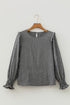 Plaid Shirred Cuff Round Neck Cotton Long Sleeve Blouse