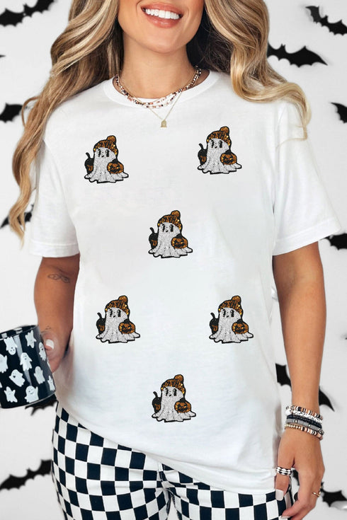 Sequin Ghost Print Short Sleeve Graphic Tee