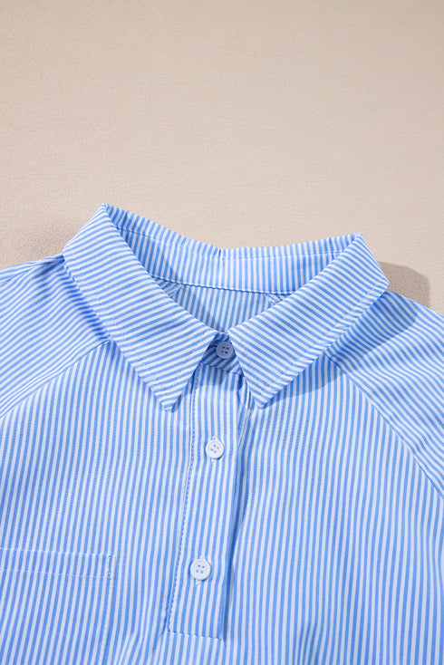 Pinstripe Long Sleeve Smocked Cuff Button Shirt Collar Blouse
