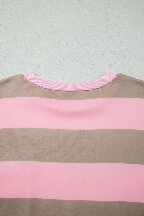 Striped Patch Pocket Split Hem Oversized Long Sleeve Sweatshirt