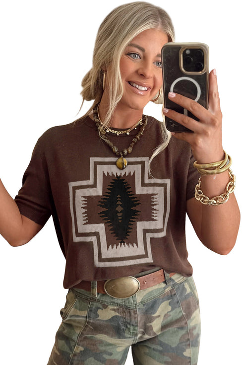 Western Graphic Print Short Sleeve Knit Pullover Sweater