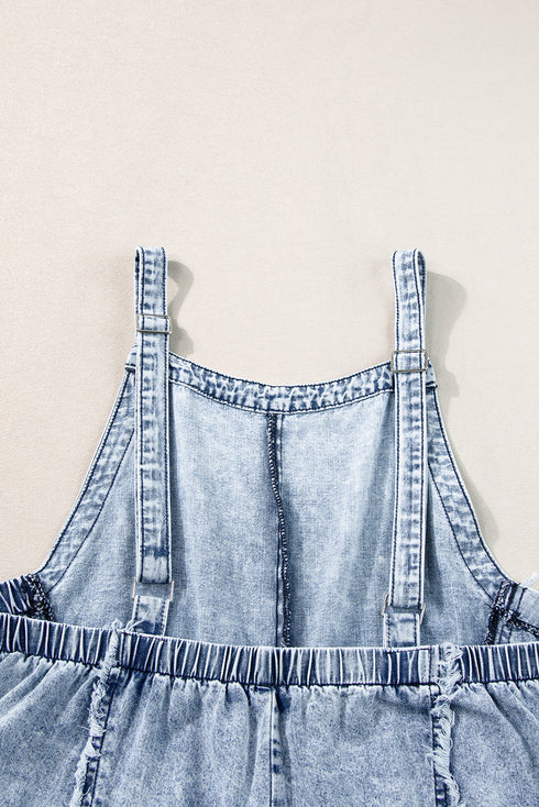 Washed Frayed Exposed Seam Wide Leg Denim Overall Jumpsuit