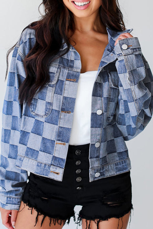 Checkered Print Patchwork Button Up Denim Jacket