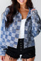 Checkered Print Patchwork Button Up Denim Jacket