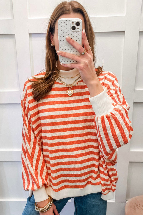 Striped Textured Mock Neck Oversized Long Sleeve Top