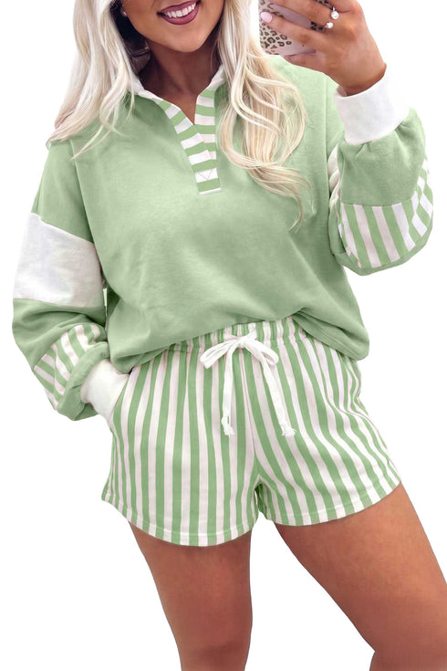 Coordinated Striped Pullover Top Drawstring Short Set