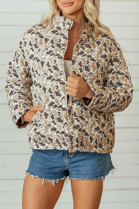 Camouflage Quilted Metal Button Collared Puffer Coat