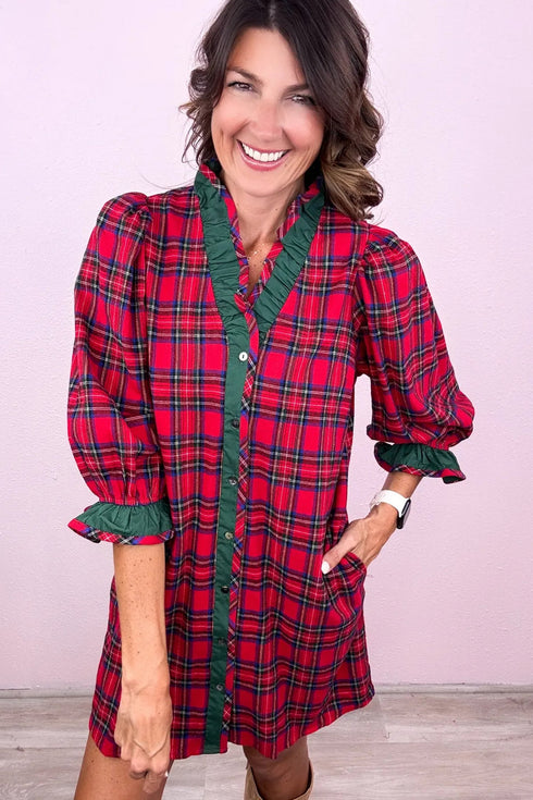 Plaid Ruffle Cuff Button Front Pocket Mini Dress