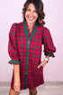 Plaid Ruffle Cuff Button Front Pocket Mini Dress