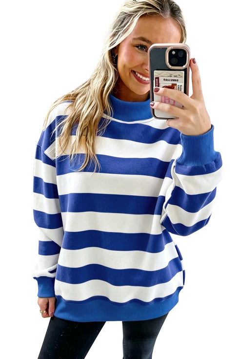 Cotton Striped Pattern Mock Neck Relaxed Sweatshirt