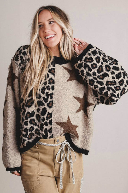 Leopard Star Pattern Round Neck Long Sleeve Shift Sweater