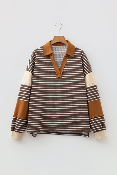 Striped Textured Collar V Neck Long Sleeve Pullover Top