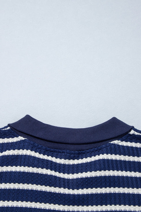 Striped Textured Knit Half Zip Collared Long Sleeve Top