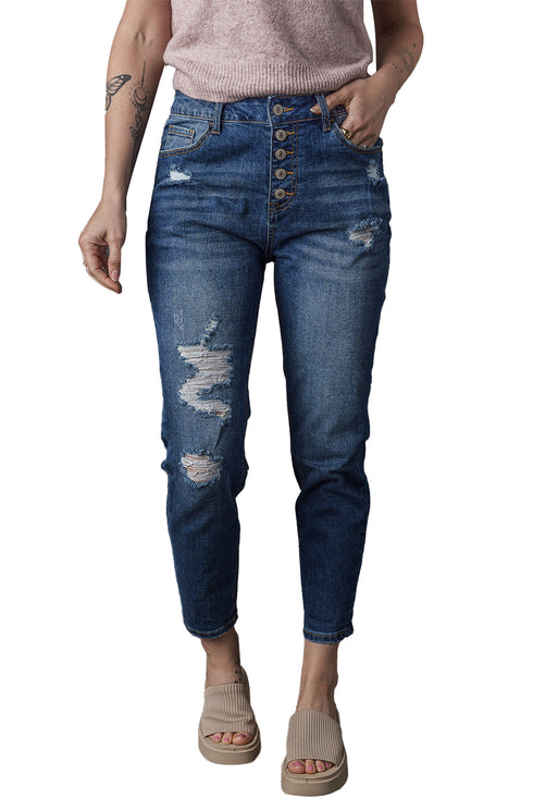 Distressed Button Fly High Waisted Skinny Denim Jeans