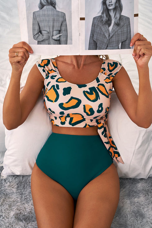 Abstract Print Cap Sleeve Tie Detail Bikini Set