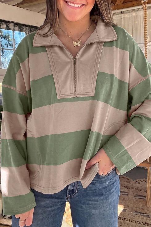 Striped Zipper Seam Detail Loose Long Sleeve Pullover Top