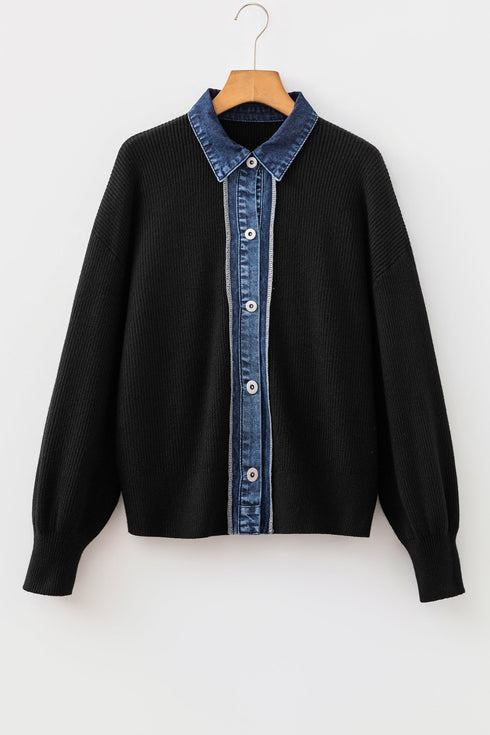 Drop Shoulder Placket Paneling Shirt Collar Long Sleeve Cardigan