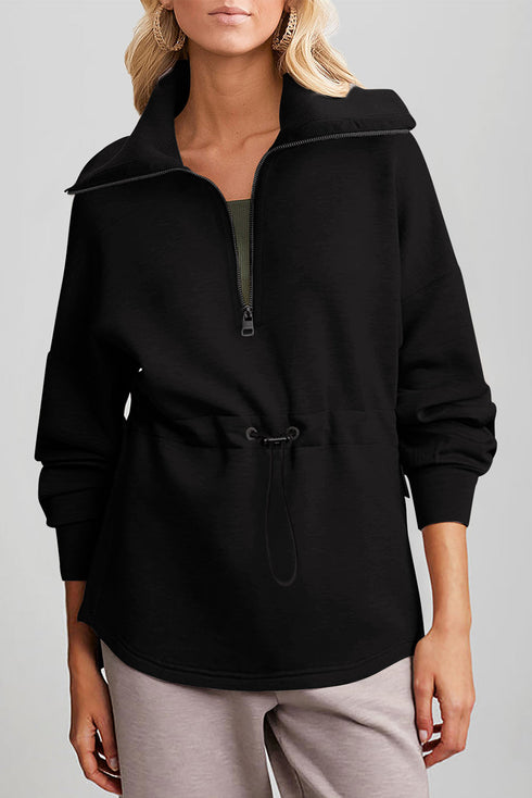 Half Zip Collar Drawstring Waist Pullover Sweatshirt