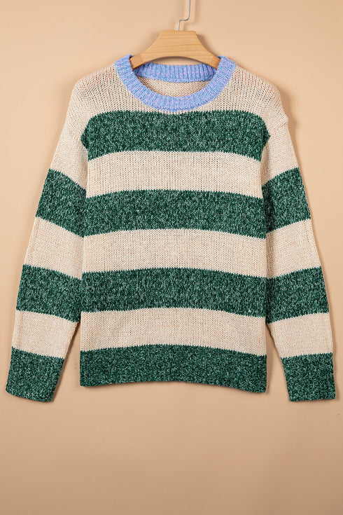 Polyester Striped Pattern Drop Shoulder Pullover Sweater