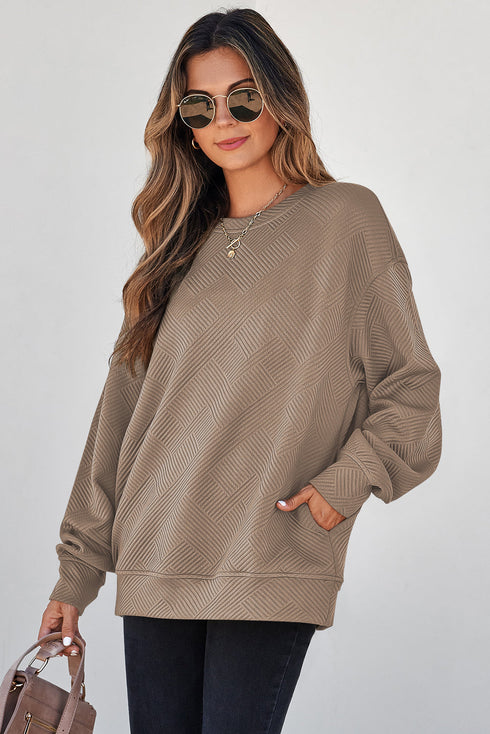 Textured Drop Shoulder Round Neck Pullover Sweatshirt