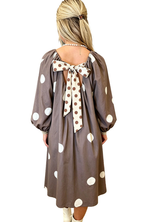 Back Bow Polka Dot Long Sleeve Midi Dress