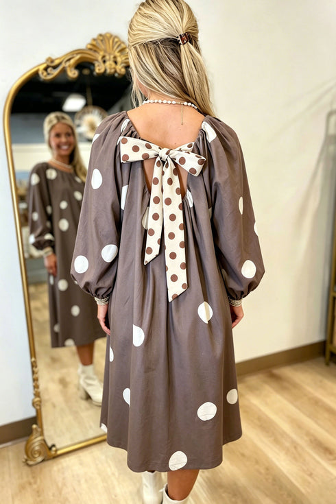 Back Bow Polka Dot Long Sleeve Midi Dress