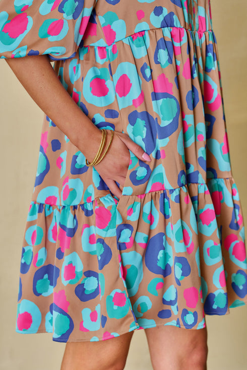 Abstract Animal Print Puff Sleeve Tiered Dress