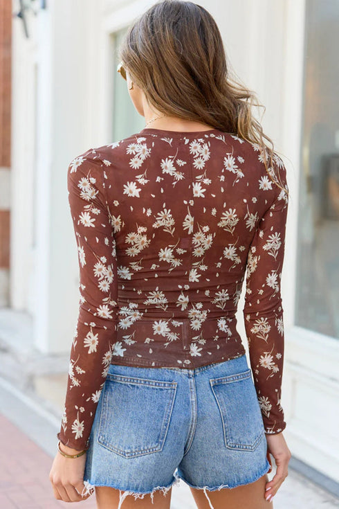 Floral Print Sheer Mesh Feminine Long Sleeve Top