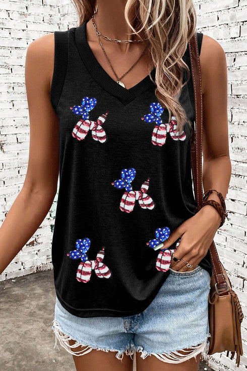 Balloon Dog Graphic Ribbed Trim Sleeveless V Neck Tank